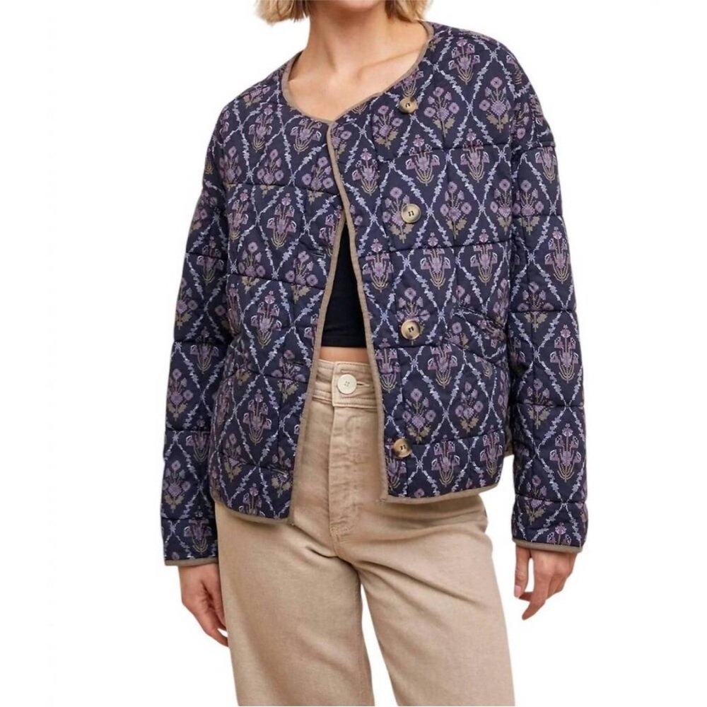 In Loom Quilted Navy Patterned Jacket - Women's L